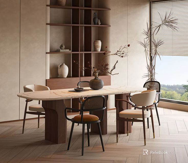 Modern Minimalist Dining Table Set With Wooden Table And Upholstered Chairs Plus Decorative Vase 3d model 
