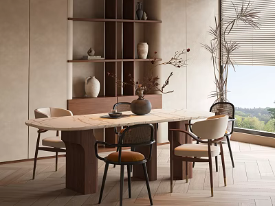 Modern Minimalist Dining Table Set With Wooden Table And Upholstered Chairs Plus Decorative Vase 3d model