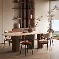 Modern Minimalist Dining Table Set With Wooden Table And Upholstered Chairs Plus Decorative Vase