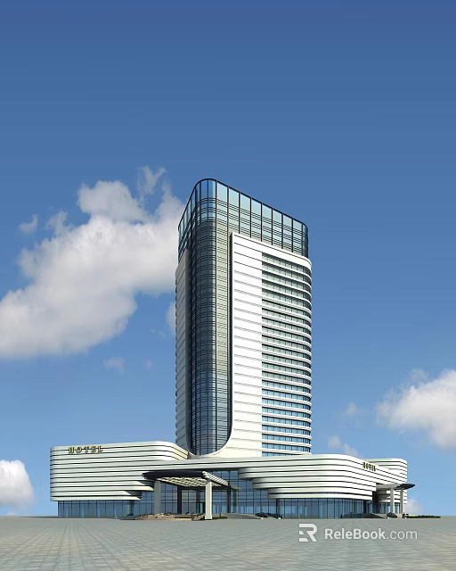 Modern Hotel Building with Glass Curtain Wall Unique Rooftop and White Exterior Under Blue Sky 3d model 