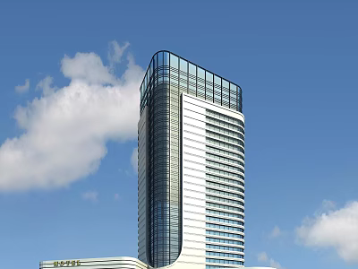 Modern Hotel Building with Glass Curtain Wall Unique Rooftop and White Exterior Under Blue Sky 3d model