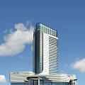 Modern Hotel Building with Glass Curtain Wall Unique Rooftop and White Exterior Under Blue Sky