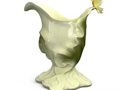 Ivory White Vase Shaped Ceramic Sculpture With Smooth Curves And Wavy Base Decorative Petal Accent 3d model