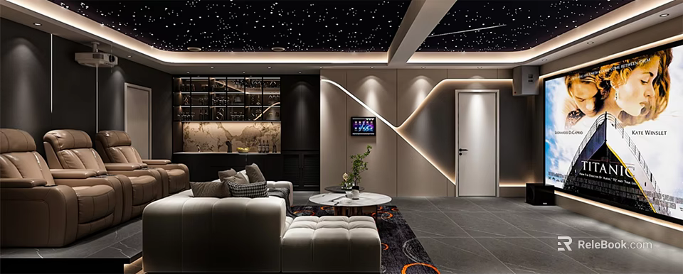 Modern Home Theater Room Interior With Starry Ceiling Comfortable Sofas And Projector Screen 3d model