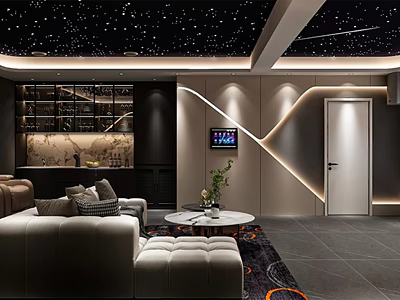 Modern Home Theater Room Interior With Starry Ceiling Comfortable Sofas And Projector Screen 3d model