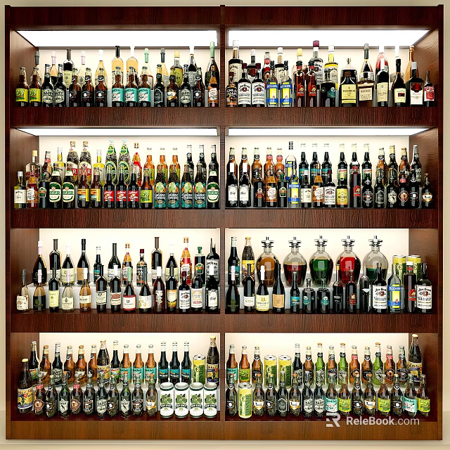 Liquor Cabinet Stocked with Various Wine and Whiskey Bottles on Organized Wooden Shelves 3d model 