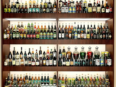 Liquor Cabinet Stocked with Various Wine and Whiskey Bottles on Organized Wooden Shelves 3d model