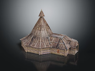 Traditional Rustic Wooden House Featuring Pyramid Roof And Wooden Plank Structure 3d model