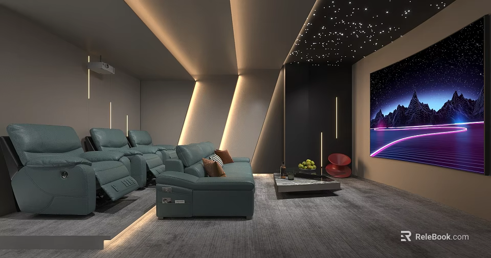Modern Elegant Home Theater With Starry Ceiling Blue Recliner Sofa Large Screen LED Strip Lights 3d model 