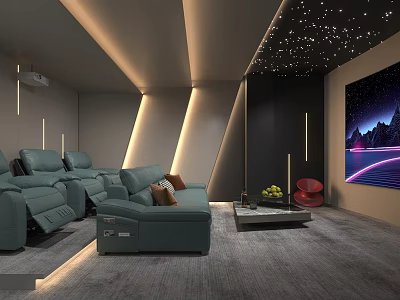 Modern Elegant Home Theater With Starry Ceiling Blue Recliner Sofa Large Screen LED Strip Lights 3d model