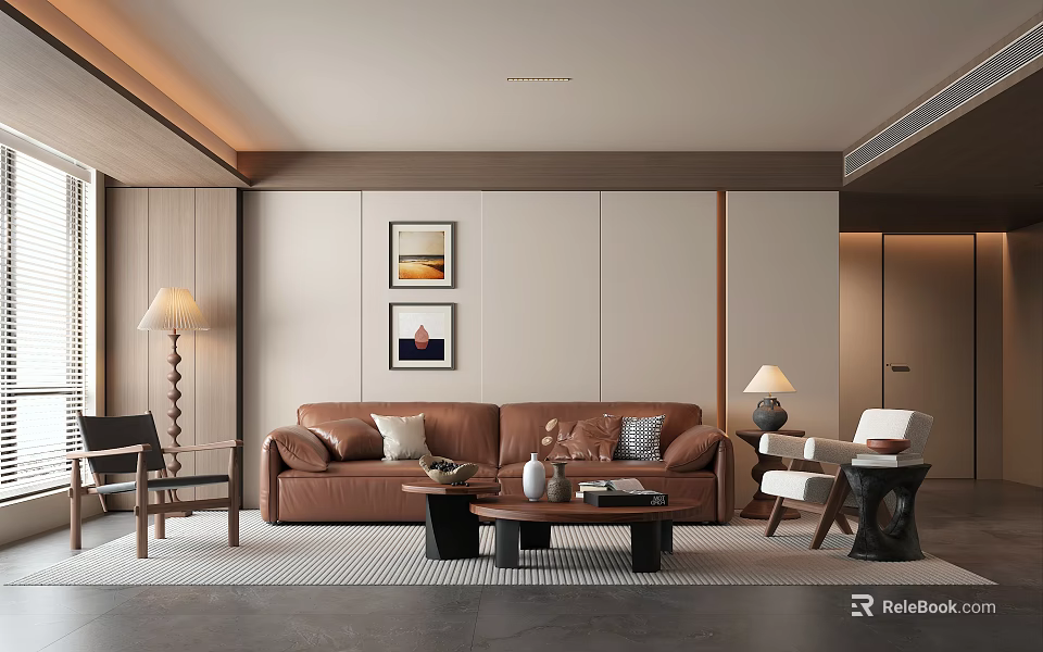 Warm Modern Living Room Interior With Brown Sofa Wall Art Coffee Table And Floor Lamp 3d model 