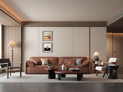 Warm Modern Living Room Interior With Brown Sofa Wall Art Coffee Table And Floor Lamp 3d model