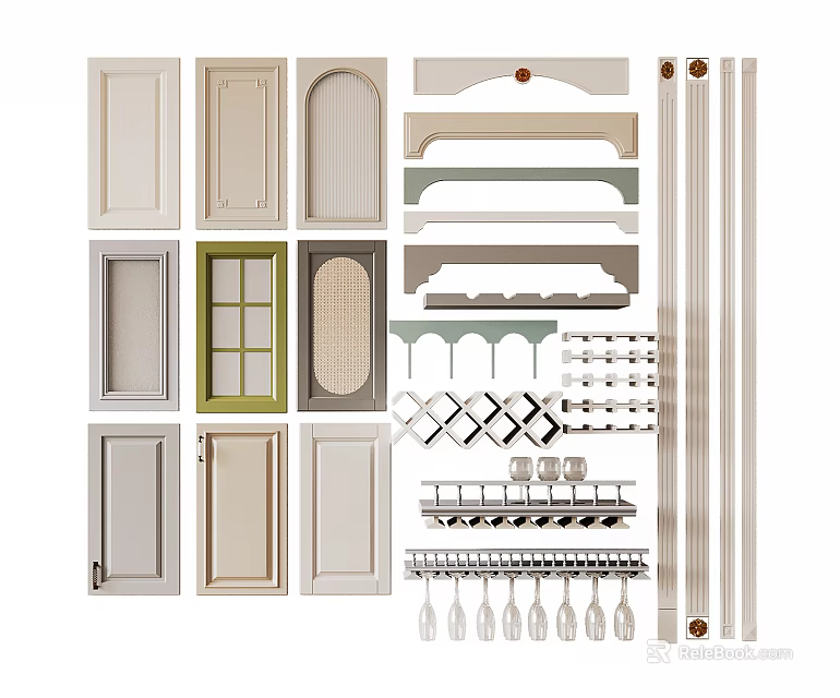 Various Kitchen Cabinet Doors Decorative Trim And Glass Holder In Modern Styles 3d model 