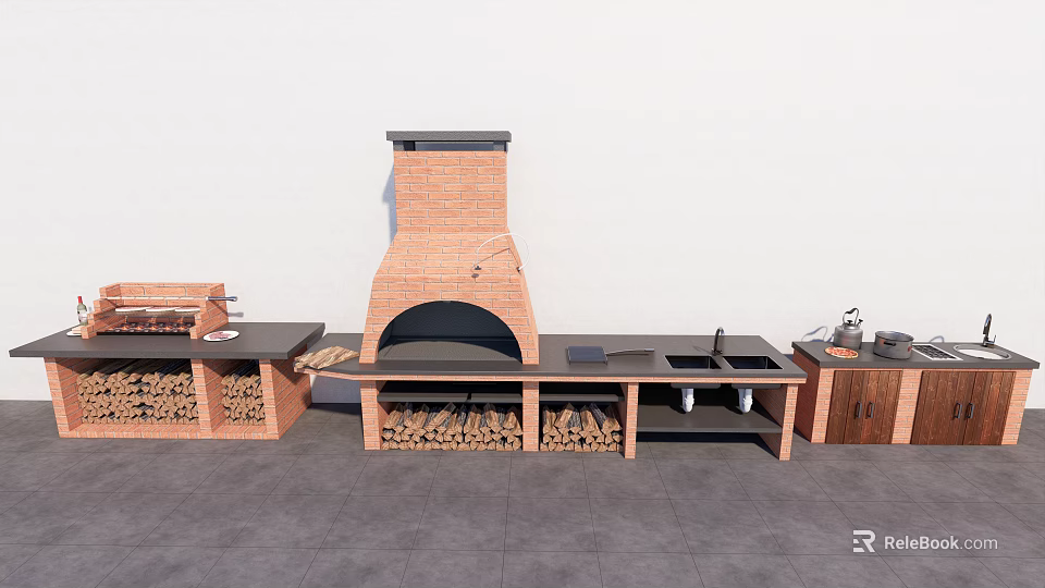 Rustic Kitchen Cabinets with Brick Chimney Stacked Wood and Countertop Setup 3d model