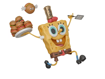 Happy SpongeBob Doll Holding Tray with Burgers Small Flying Burger Figure Chef Hat and Spatula 3d model