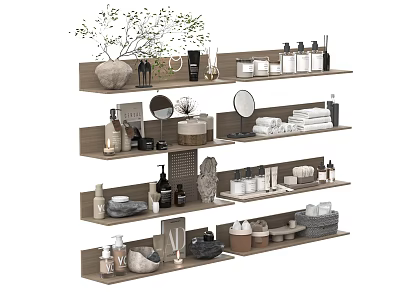 Stylish Bathroom Accessories Display On Wooden Shelves With Bottles Towels Mirrors And Decor 3d model