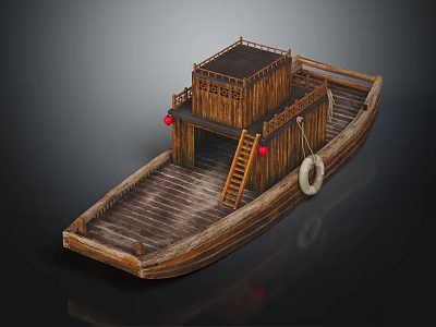 Traditional Wooden Water Transport Boat Featuring Upper Cabin Red Lanterns Lifebuoy And Deck 3d model