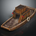 Traditional Wooden Water Transport Boat Featuring Upper Cabin Red Lanterns Lifebuoy And Deck