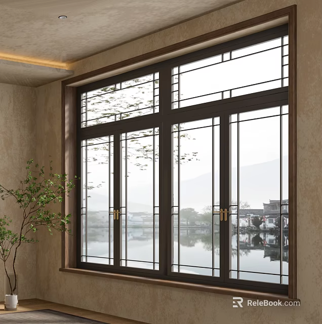 Traditional Chinese Wooden Window With Lattice Design And Scenic Water Reflections 3d model 