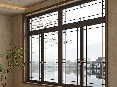 Traditional Chinese Wooden Window With Lattice Design And Scenic Water Reflections 3d model