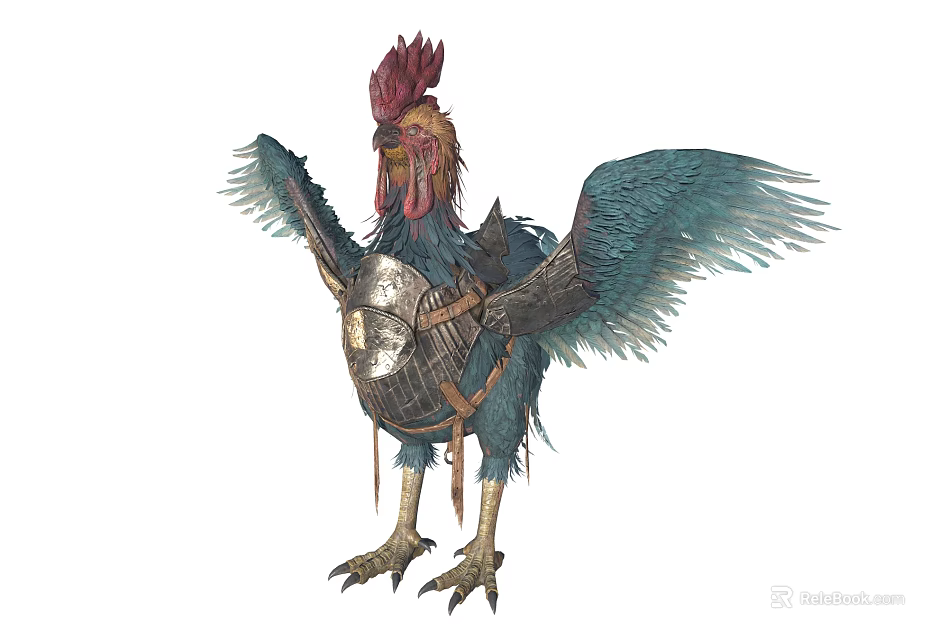 Mythical Winged Armored Rooster Character With Blue Feathers And Detailed Armor Design 3d model 