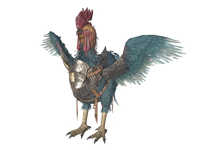 Mythical Winged Armored Rooster Character With Blue Feathers And Detailed Armor Design 3d model