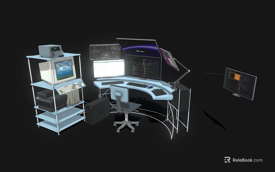 Efficient Computer Workstation With Multiple Monitors Desk PC Tower And Office Chair 3d model 