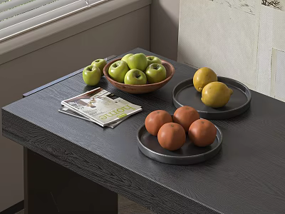 Fresh Fruits Arranged On Dark Table With Magazines 3d model