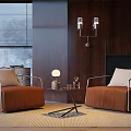 Modern Brown Single Seater Sofas With Coffee Table And Wooden Wall Interior