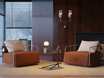 Modern Brown Single Seater Sofas With Coffee Table And Wooden Wall Interior 3d model
