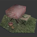 Outdoor Grass Setting With Red White Checkered Table Bench And Fruit Baskets