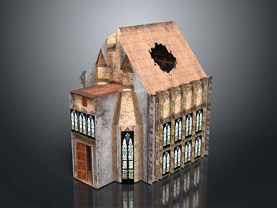 Gothic Style Architectural Building Model With Stone Exterior Stained Glass Windows And Roof Hole 3d model
