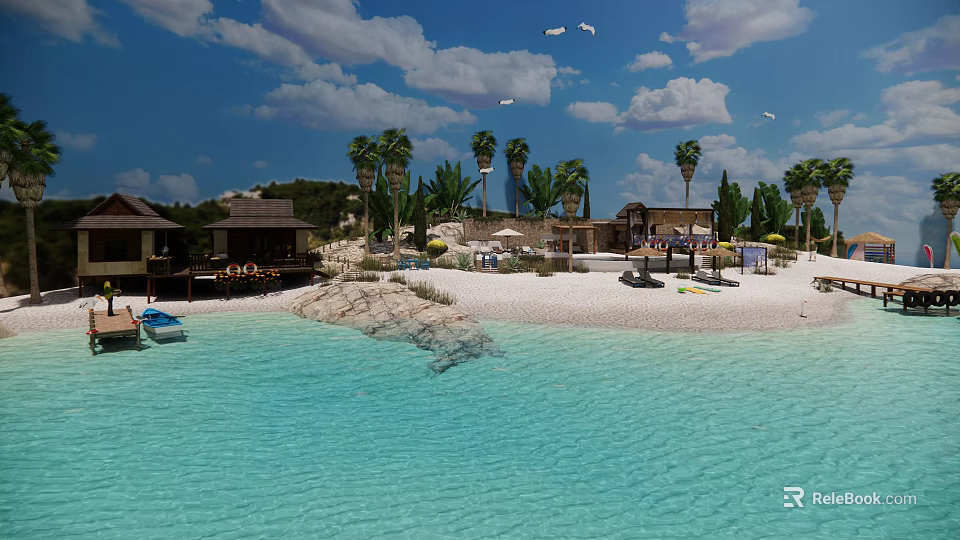 Tropical Beach Scenery With Clear Turquoise Water White Sandy Shore And Palm Trees 3d model 