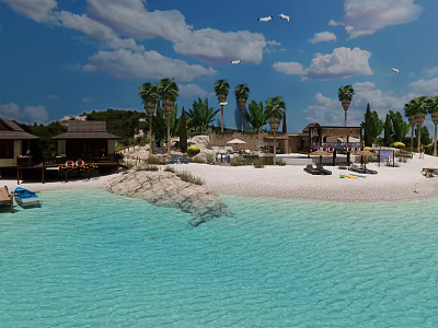 Tropical Beach Scenery With Clear Turquoise Water White Sandy Shore And Palm Trees 3d model