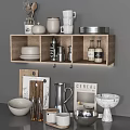 Stylish Wooden Shelf Display With Kitchenware Mugs Jars Bottles Cutting Boards And Kettle