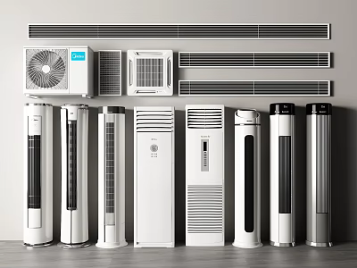 Modern Air Conditioners and Fans with Various Styles Including Standing Units and Wall Mounted Designs 3d model