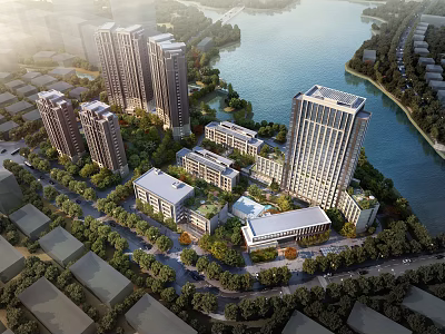 Aerial Planning of Modern Urban Residential Complex with High Rise Buildings River Greenery and Roads 3d model