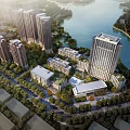 Aerial Planning of Modern Urban Residential Complex with High Rise Buildings River Greenery and Roads