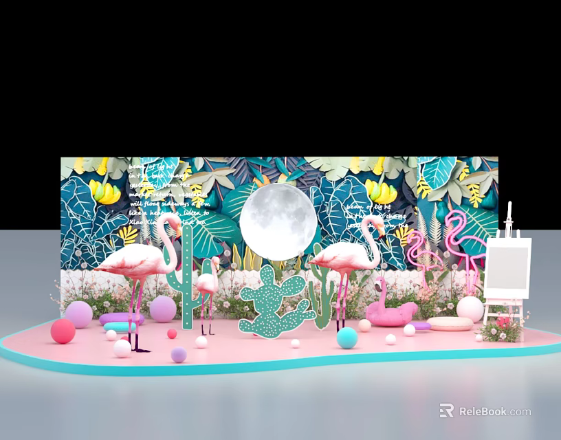 Vibrant Party Decor With Flamingos Tropical Plants Moon Art Easel And Colorful Balls 3d model 