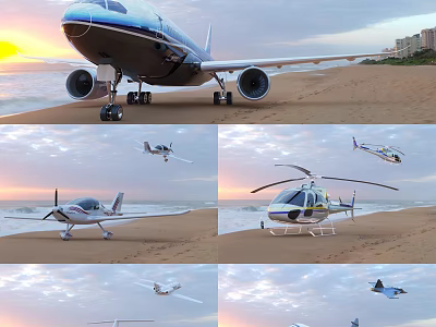 Large Modern Passenger Plane Parked On Sandy Beach During Sunset With Other Aircraft Nearby 3d model