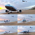 Large Modern Passenger Plane Parked On Sandy Beach During Sunset With Other Aircraft Nearby