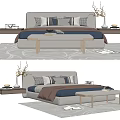 Modern Double Bed Interior With Pillows Bedspread Nightstands Bench And Decor 3d model