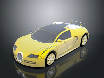 Yellow Bugatti Sports Car With Black Roof Rear Spoiler And Sleek Surface Shiny Black Wheels 3d model