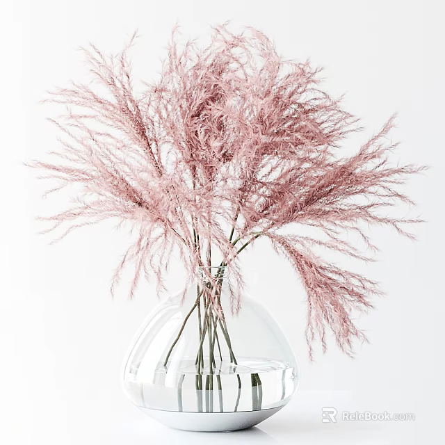 Pink Pampas Grass Arrangement in Transparent Glass Vase on White Background 3d model 