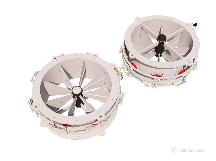 Pair of Circular Air Conditioner Fans with Metal Blades and Red Accents 3d model 
