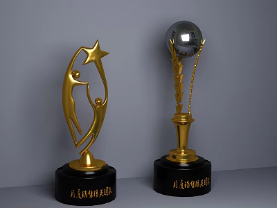 Golden Trophies With Star Human Figure And Silver Sphere On Black Bases 3d model