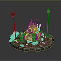 Green Military Model Tank with Street Lamps and Brick Decorations on Circular Base