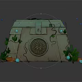 Ancient Stone Chest With Green Moss Vines Circular Emblem Gold Coins And Gemstones