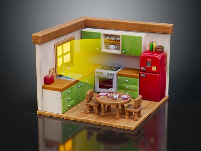 Miniature Kitchen Interior Scene With Green White Cabinets Red Refrigerator And Dining Table Chairs 3d model