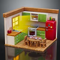 Miniature Kitchen Interior Scene With Green White Cabinets Red Refrigerator And Dining Table Chairs